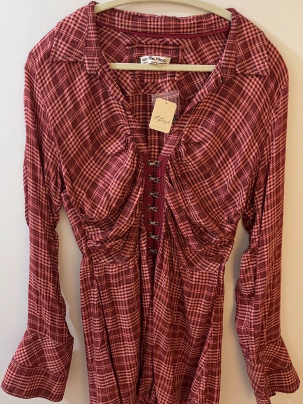 Free People Burgundy Plaid Ruched Hook-Front Top